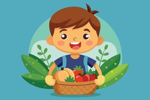 A cheerful boy holding a basket of fresh vegetables and fruits while surrounded by greenery in a colorful illustration vector