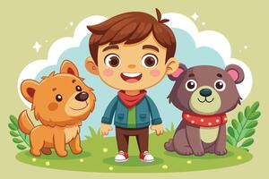 A cheerful child stands between a friendly dog and a playful bear in a vibrant park setting during a sunny day vector