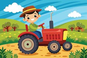 A cheerful child driving a red tractor through a sunny countryside surrounded by trees and flowers on a bright day vector