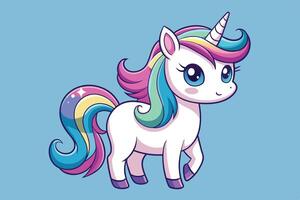 Colorful cartoon unicorn with a rainbow mane walking against a soft blue background in a whimsical style vector