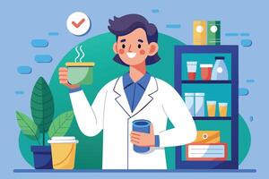 A smiling scientist holding a steaming cup in a laboratory with shelves filled with colorful containers and plants nearby vector