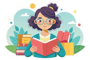 A young girl with glasses enjoys reading a book in a colorful, vibrant library filled with books and plants vector