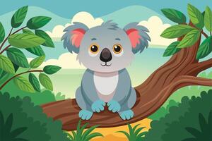 A cartoon koala rests on a branch in a vibrant forest setting, surrounded by lush greenery and distant rolling hills under a blue sky vector