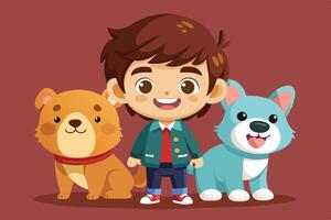 A young boy stands joyfully between two cartoon dogs in a colorful and playful environment, showcasing a moment of friendship and fun vector