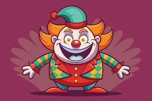 A cheerful cartoon clown with orange hair and a colorful suit performing joyfully in a playful and whimsical setting vector