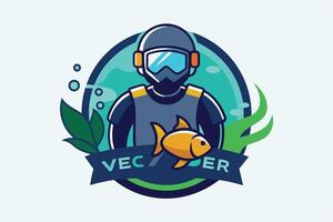 A colorful underwater explorer character featuring a diver, aquatic plants, and a fish in a vibrant circular design vector
