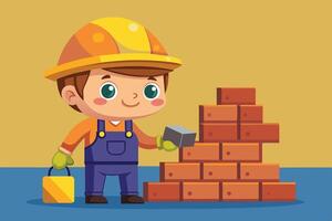 A young boy in a hard hat constructs with toy bricks while enjoying a creative building activity indoors vector
