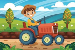 A cheerful young boy drives a bright red tractor through green fields on a sunny day, surrounded by vibrant trees and rolling hills vector
