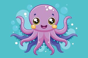 Cute cartoon octopus swimming joyfully in a vibrant underwater scene with bubbles, showcasing its playful expression and colorful tentacles vector