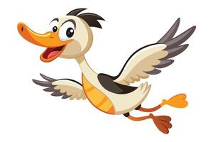 Cheerful cartoon duck flying through a bright blue sky with wings spread wide and a joyful expression, showcasing a playful adventure vector