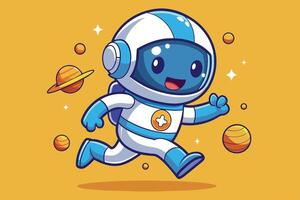 A cheerful cartoon astronaut exploring outer space with planets and stars in the background under a bright yellow sky vector