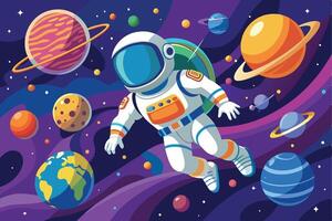 An astronaut explores the colorful depths of space among vibrant planets and stars in a captivating cosmic scene vector