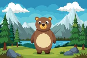 A cheerful cartoon bear stands in a vibrant landscape with mountains, trees, and a serene lake during a sunny day vector