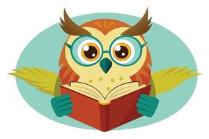 A cartoon owl reading a book while wearing glasses against a light blue circular background, showcasing a whimsical and educational theme vector