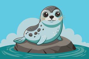 Cute cartoon seal resting on a rock in calm blue waters against a clear sky background during a sunny day vector