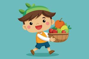 Cheerful child carrying a basket of fruits while walking on a colorful background in a playful, animated style vector