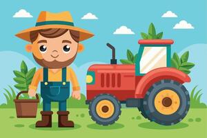 A cheerful farmer in overalls standing beside a red tractor and holding a basket in a vibrant green field on a sunny day vector