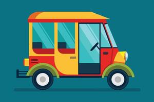 A colorful auto rickshaw parked against a vibrant blue background, showcasing its unique design and cheerful appearance vector