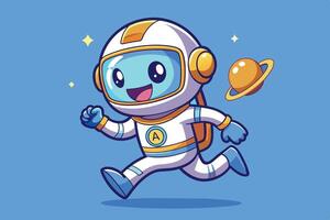 A cheerful cartoon astronaut joyfully exploring space with a planet in the background and a bright blue sky overhead vector