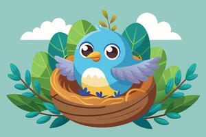 A cheerful blue bird with wide eyes flaps its wings happily in a cozy nest surrounded by green leaves against a pastel backdrop vector