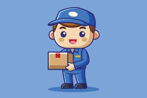 Friendly delivery person wearing a blue uniform and cap holds a cardboard box with a red label against a light blue background vector
