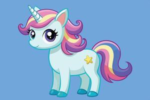 A colorful unicorn character with a star on its flank, standing against a light blue background in a playful pose vector