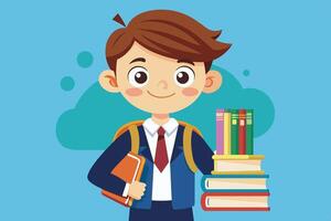 A cheerful schoolboy with books and a backpack smiles happily against a bright blue background at a learning environment vector