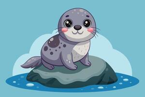 Cute cartoon seal sitting on a rock in a colorful underwater scene, surrounded by gentle waves and soft clouds in the background vector