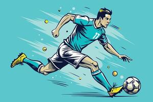A soccer player in a blue jersey showcases skill on the field while dribbling a ball during a dynamic play in an energetic setting vector