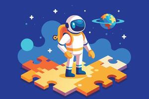 An astronaut stands on a colorful puzzle piece under a starry sky, with Earth visible in the distance during a cosmic journey vector