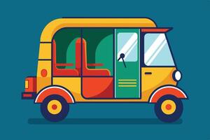 Colorful auto rickshaw parked against a blue background, showcasing its vibrant design and distinct features in a playful style vector