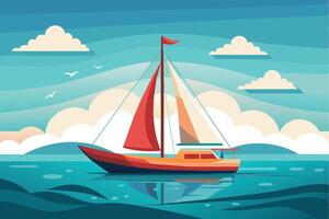 A vibrant sailboat glides across calm waters under a bright blue sky with fluffy clouds during a serene afternoon vector