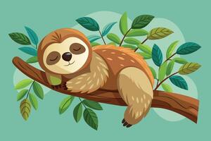 A cute sloth resting peacefully on a tree branch surrounded by lush green leaves in a vibrant forest environment vector