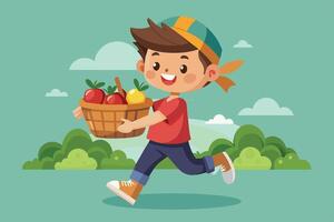 A cheerful boy wearing a cap runs joyfully while carrying a basket of fresh fruits in a green park during a sunny day vector