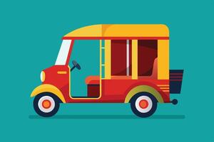 Colorful auto rickshaw parked on a vibrant background during the day showcasing its unique design and structure vector