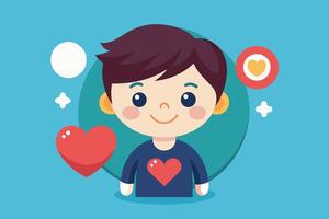 A cheerful cartoon boy with a heart design, set against a vibrant blue background, expressing happiness and love through playful elements vector