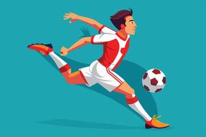 A soccer player kicking a ball during a match, showcasing athleticism and skill on a vibrant turquoise background vector