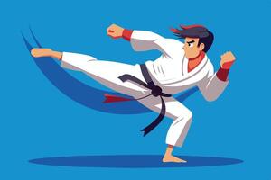A martial artist demonstrates a powerful kick while practicing karate in a bright blue studio during a training session vector