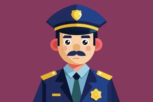 Cartoon police officer in uniform with a badge and cap standing against a purple background during a character design session vector