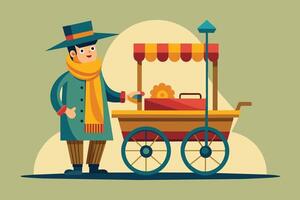 A cheerful vendor selling colorful flowers from a cart in a vibrant park during a sunny afternoon vector
