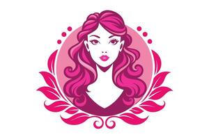 A vibrant illustration of a woman with flowing pink hair surrounded by elegant leaves and soft circular patterns in a bold design vector