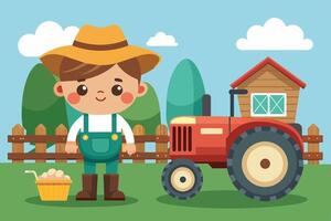 A cheerful child wearing a straw hat stands beside a red tractor on a sunny day in a rural setting with a wooden fence and a cozy farmhouse vector