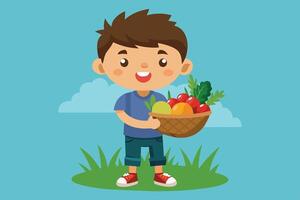 A cheerful boy holding a basket full of colorful fruits and vegetables in a bright outdoor setting on a sunny day vector