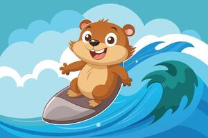 A cheerful cartoon otter surfing on a wave in a bright blue ocean during a sunny day, enjoying the summer breeze and water fun vector