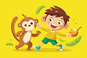 A cheerful child playing with a playful monkey outdoors in a vibrant yellow setting while engaged in a fun activity vector