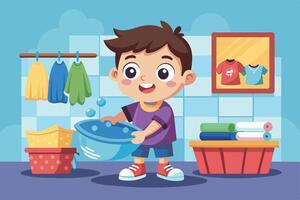 A cheerful child helps with laundry in a bright, organized room while enjoying the task of washing clothes after school vector