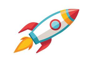 Colorful cartoon rocket launching with bright flames against a plain background, representing adventure and exploration in space technology vector