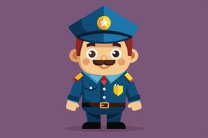 Cute cartoon police officer in uniform standing confidently against a purple background with a friendly expression vector