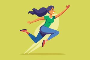 A young woman joyfully running on a light green background during a sunny day, showcasing energy and enthusiasm in her exercise routine vector