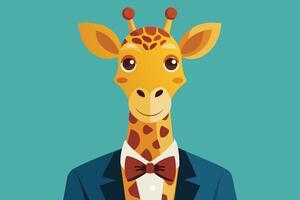 A cartoon giraffe dressed in a suit and bow tie, set against a bright blue background, appearing whimsical and playful during a cheerful moment vector